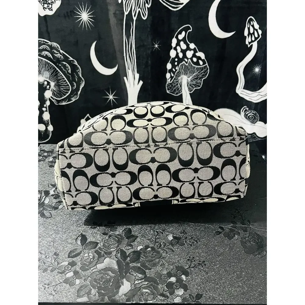 Coach F28504 Signature Stripe 12CM Tote Black White Logo Canvas Patent Trim